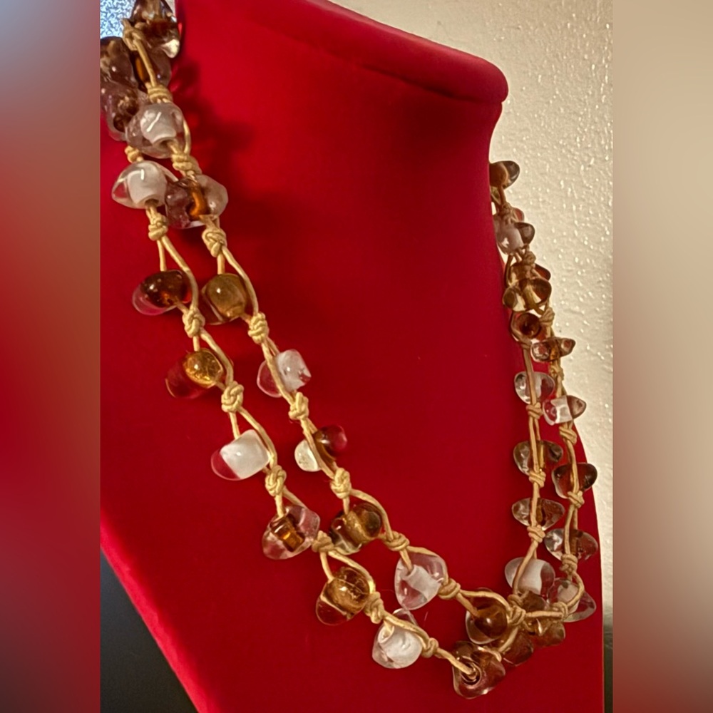 Antique Baroque Glass Beaded Multi-Strand Necklace Amber Clear Statement Jewelry - Picture 4 of 8